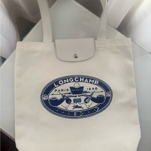 Longchamp White Canvas Tote with Navy Logo